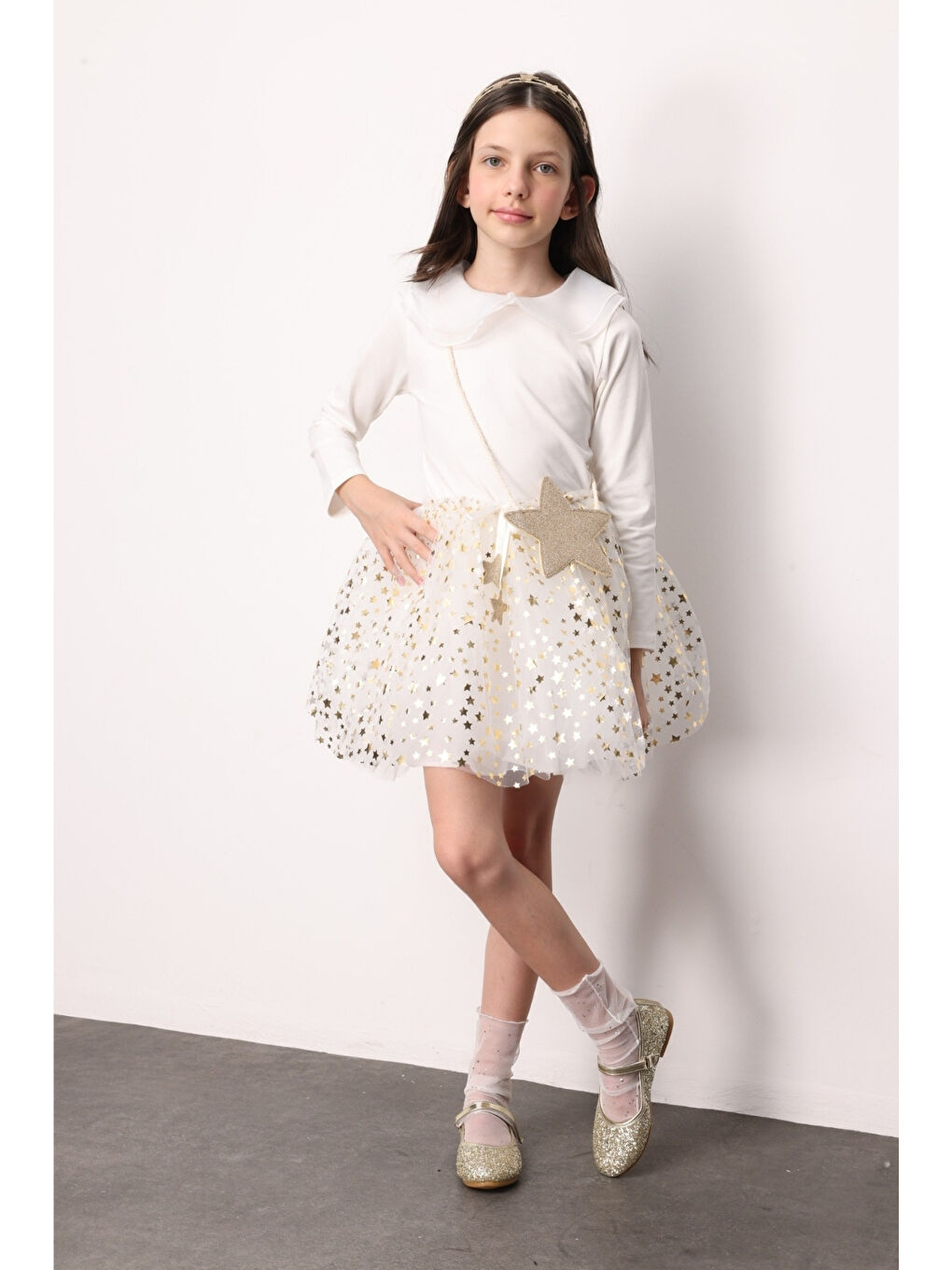 Beyaz Yıldızlı Fiyonk Detaylı Kız Çocuk Tül Etek - Aster