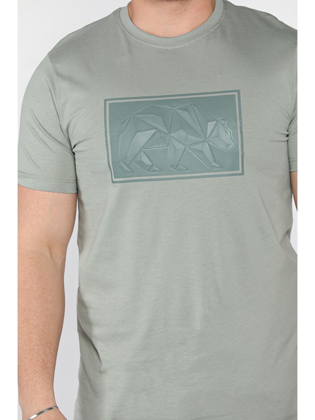 Yeşil Erkek Bisiklet Yaka Baskılı Tişört-3