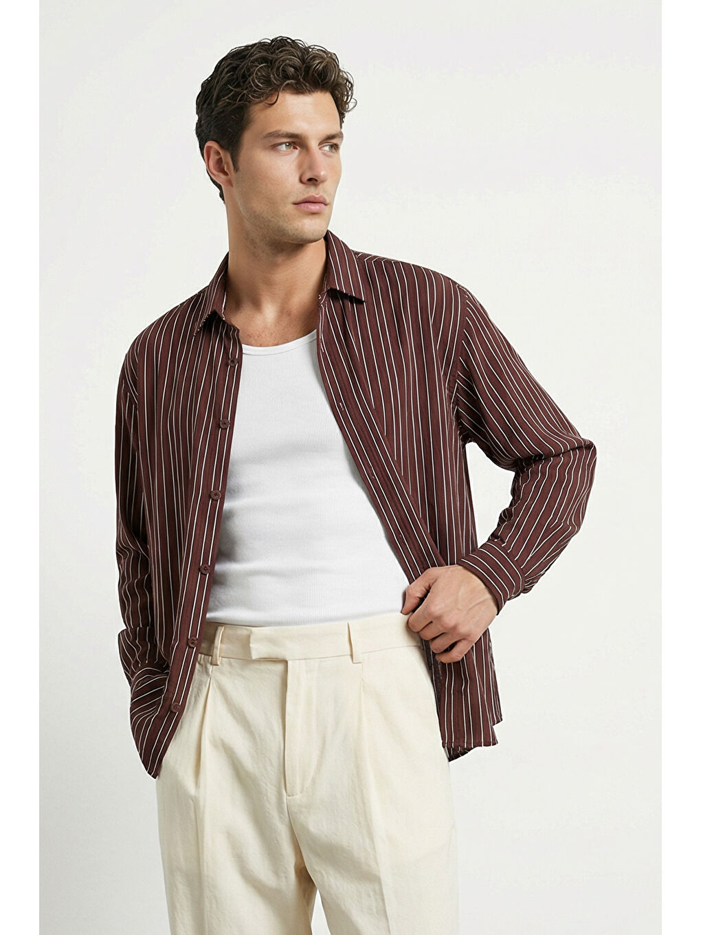 Kahverengi Tugur Erkek Çizgili Oversize Premium Gömlek Soft Touch Refined Comfort-4