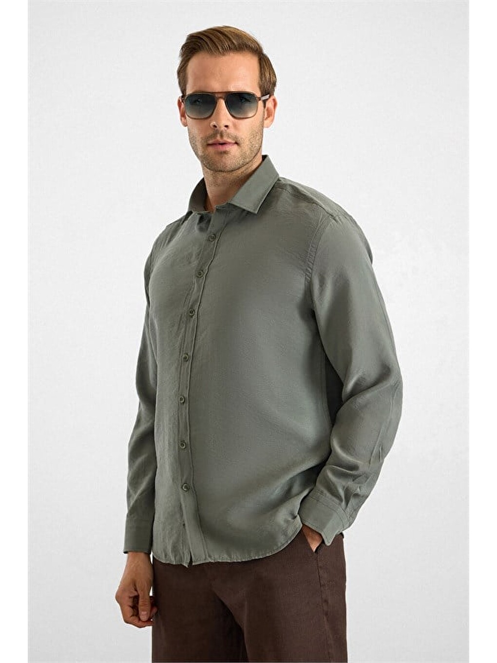 Koyu Yeşil Slim Klasik Yaka Düz Twill Cepsiz Düz Uzun Kollu Casual Gömlek-1