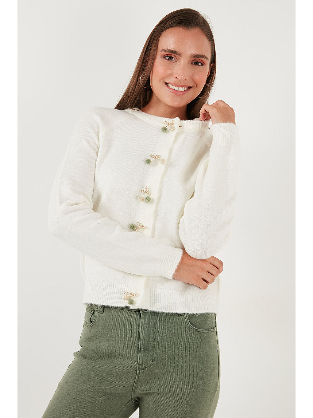 Ekru Premium Regular Fit Bisiklet Yaka Fiyonk Detaylı Hırka 6802939-3