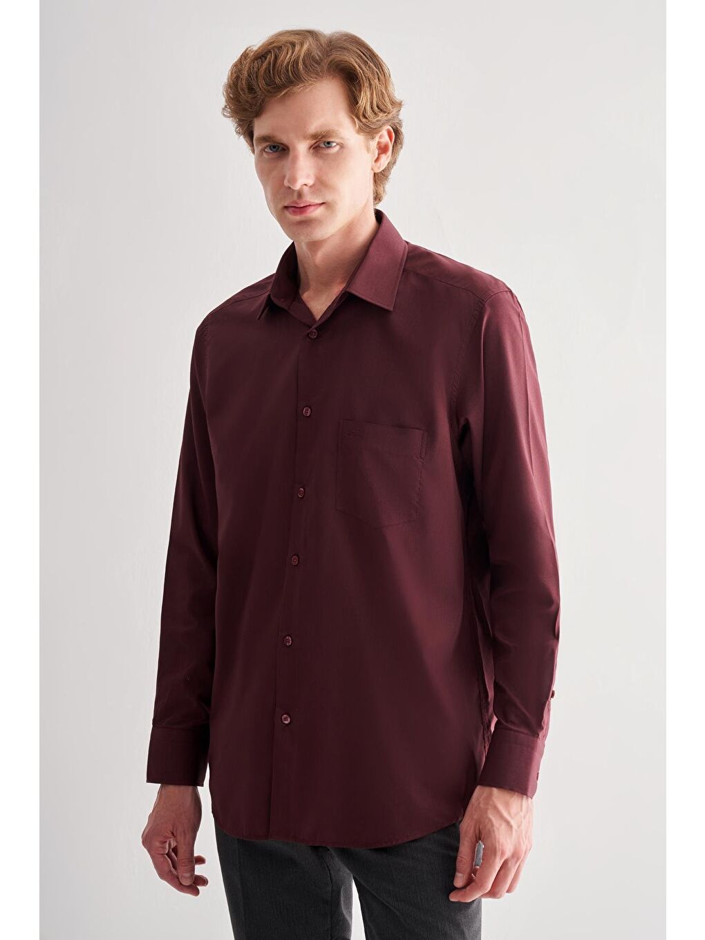 Bordo Sert Yaka Uzun Kol Easy To Iron Comfort Fit Pamuklu Gömlek 1004255182-2