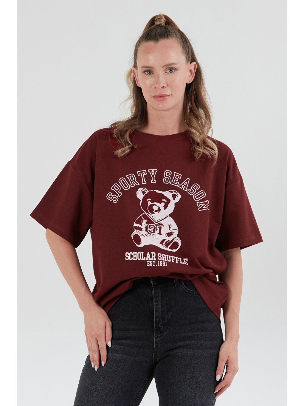 Bordo Ayıcık Baskılı Oversize Tişört