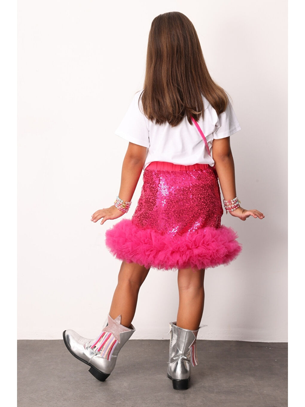 Fuşya Pullu Ucu Tül Detaylı Kız Çocuk Etek - Sheron-2