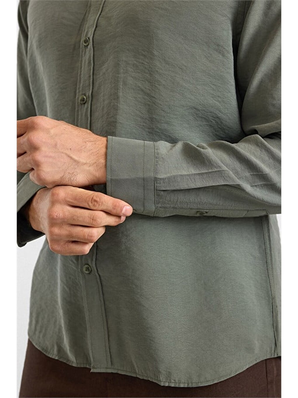 Koyu Yeşil Slim Klasik Yaka Düz Twill Cepsiz Düz Uzun Kollu Casual Gömlek-3