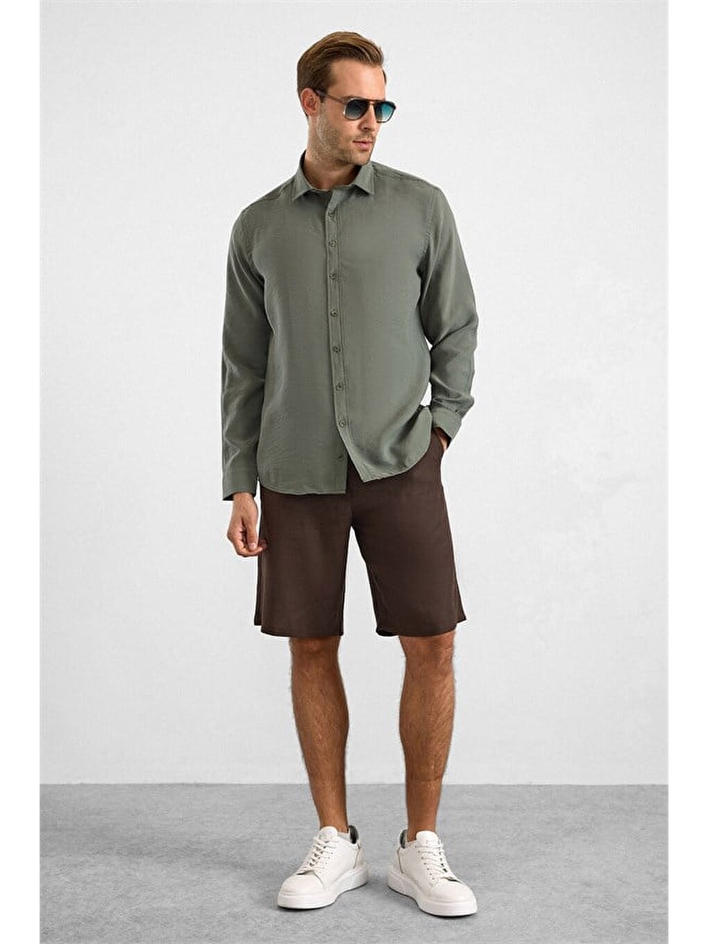 Koyu Yeşil Slim Klasik Yaka Düz Twill Cepsiz Düz Uzun Kollu Casual Gömlek-4