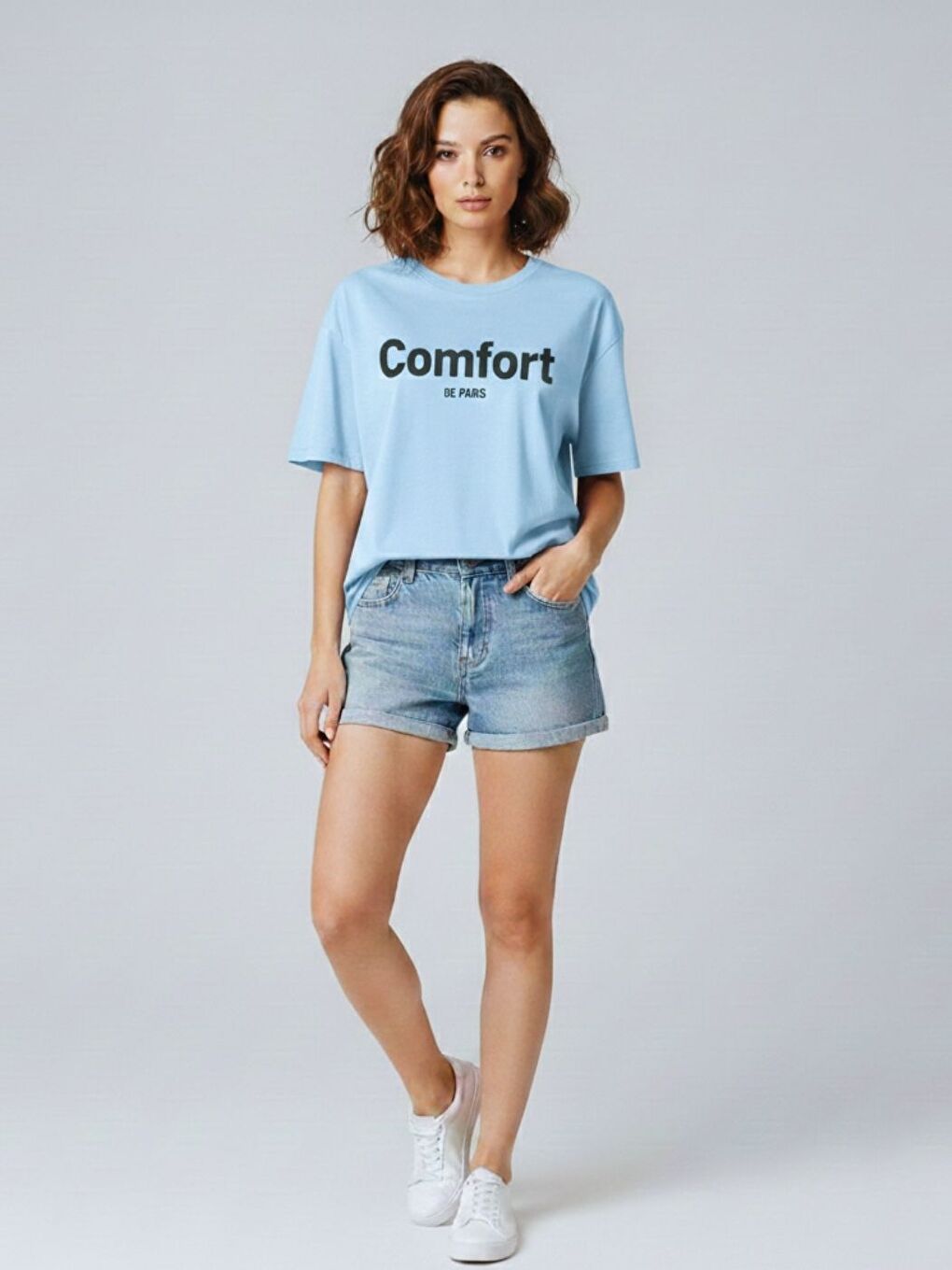 Kadın Bebe Mavisi Comfort Baskılı Oversize Tişört