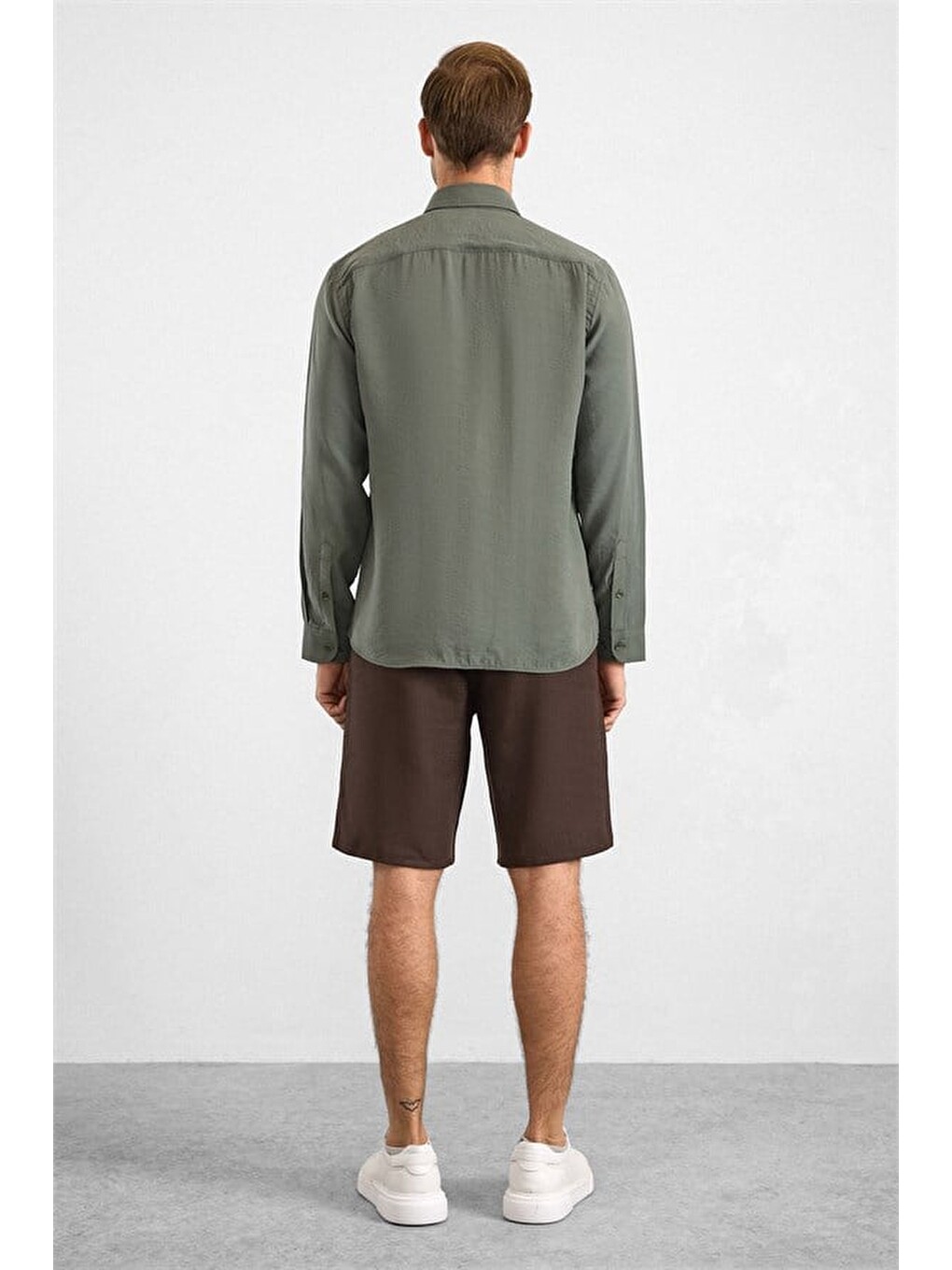 Koyu Yeşil Slim Klasik Yaka Düz Twill Cepsiz Düz Uzun Kollu Casual Gömlek-5