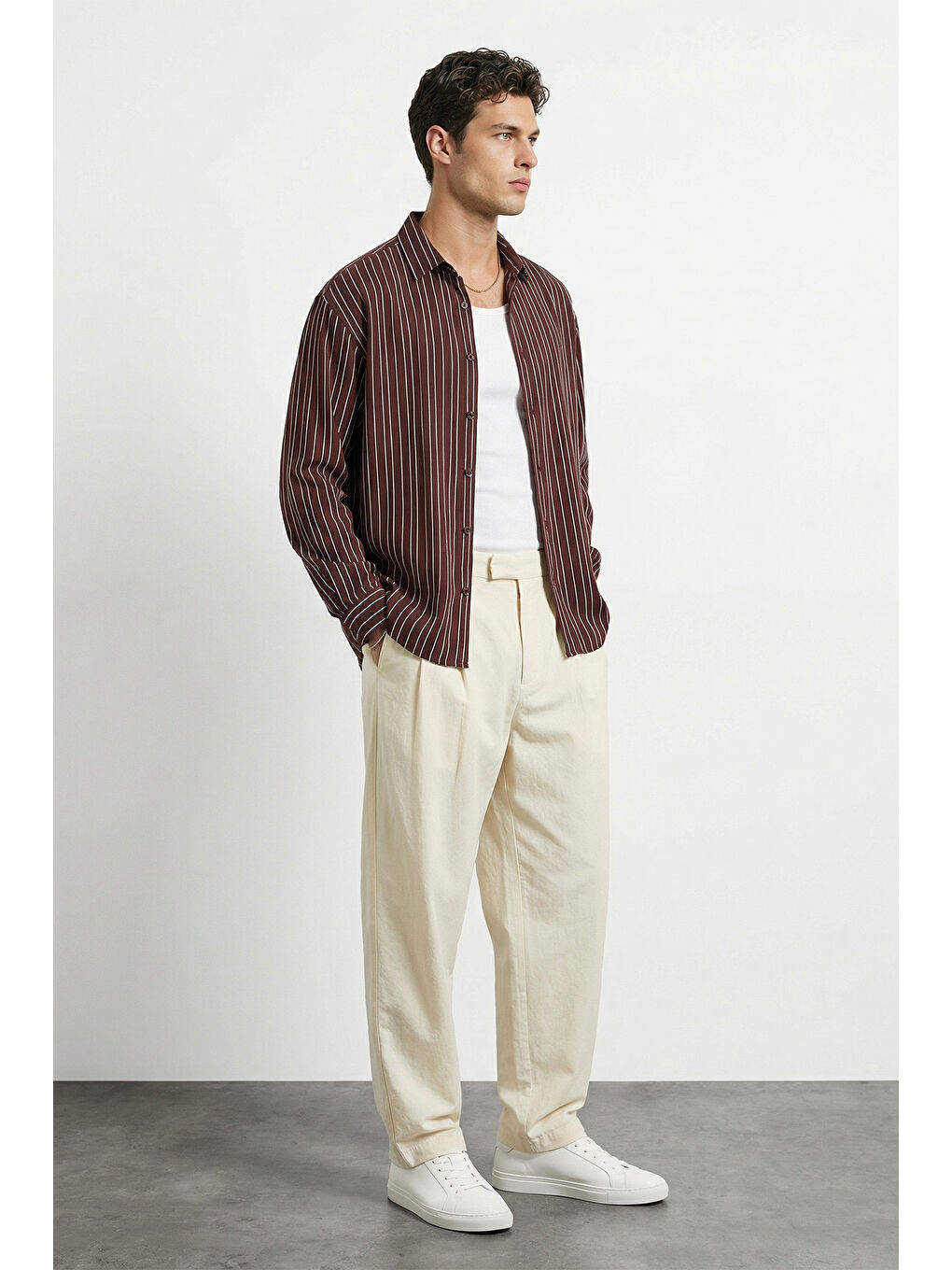 Kahverengi Tugur Erkek Çizgili Oversize Premium Gömlek Soft Touch Refined Comfort-5