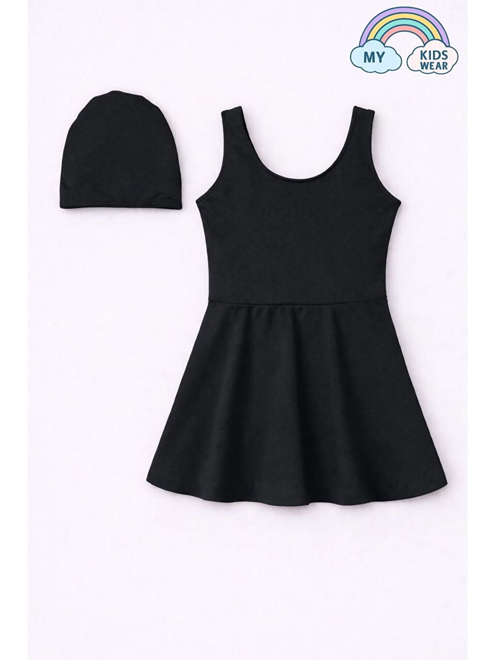 Siyah Kız Çocuk Şapkalı Etekli Mayo Takımı (Külotlu Mayo) 12710