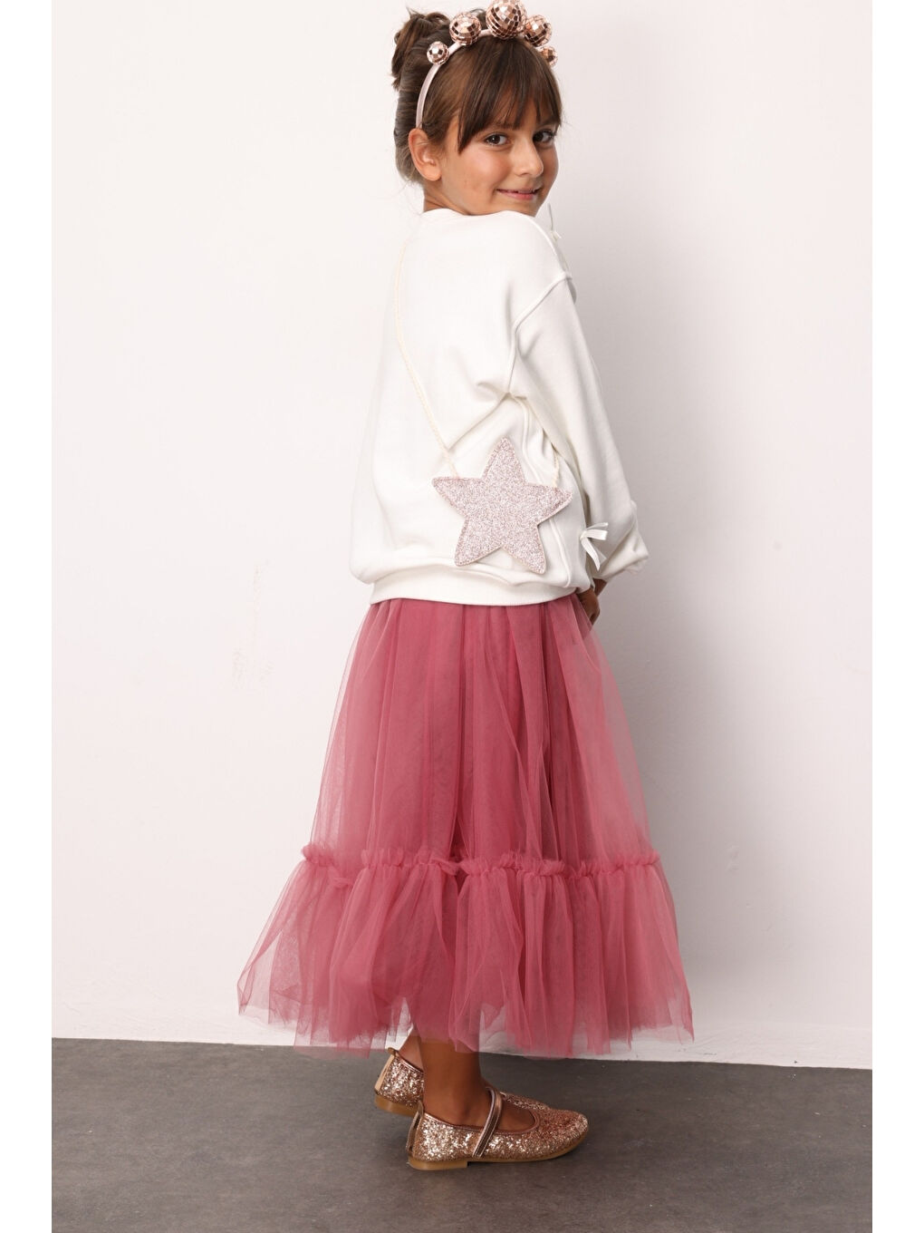 Pembe Gülkurusu Kız Çocuk Uzun Tül Etek - Mindy-1