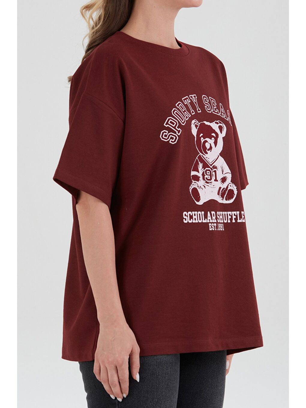 Bordo Ayıcık Baskılı Oversize Tişört-4