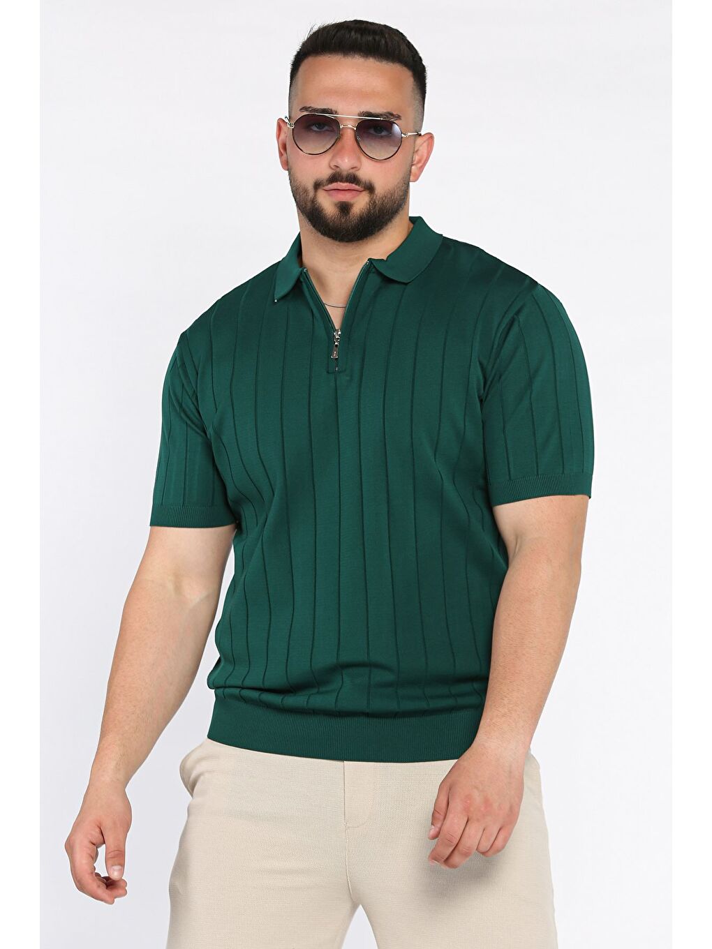 Yeşil Polo Yaka Yarım Fermuarlı Erkek Triko Tişört