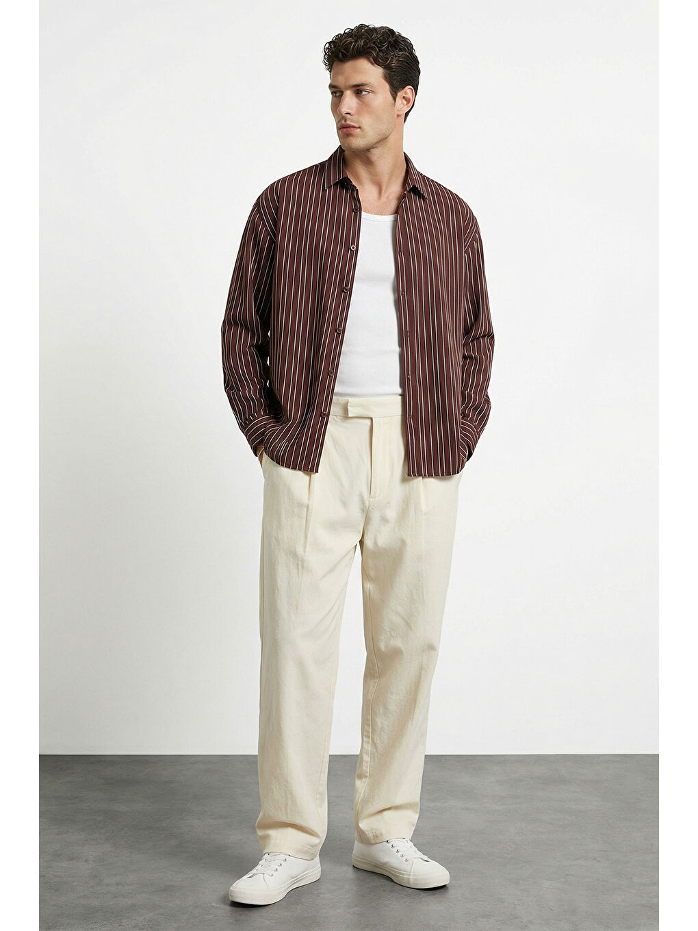 Kahverengi Tugur Erkek Çizgili Oversize Premium Gömlek Soft Touch Refined Comfort-6