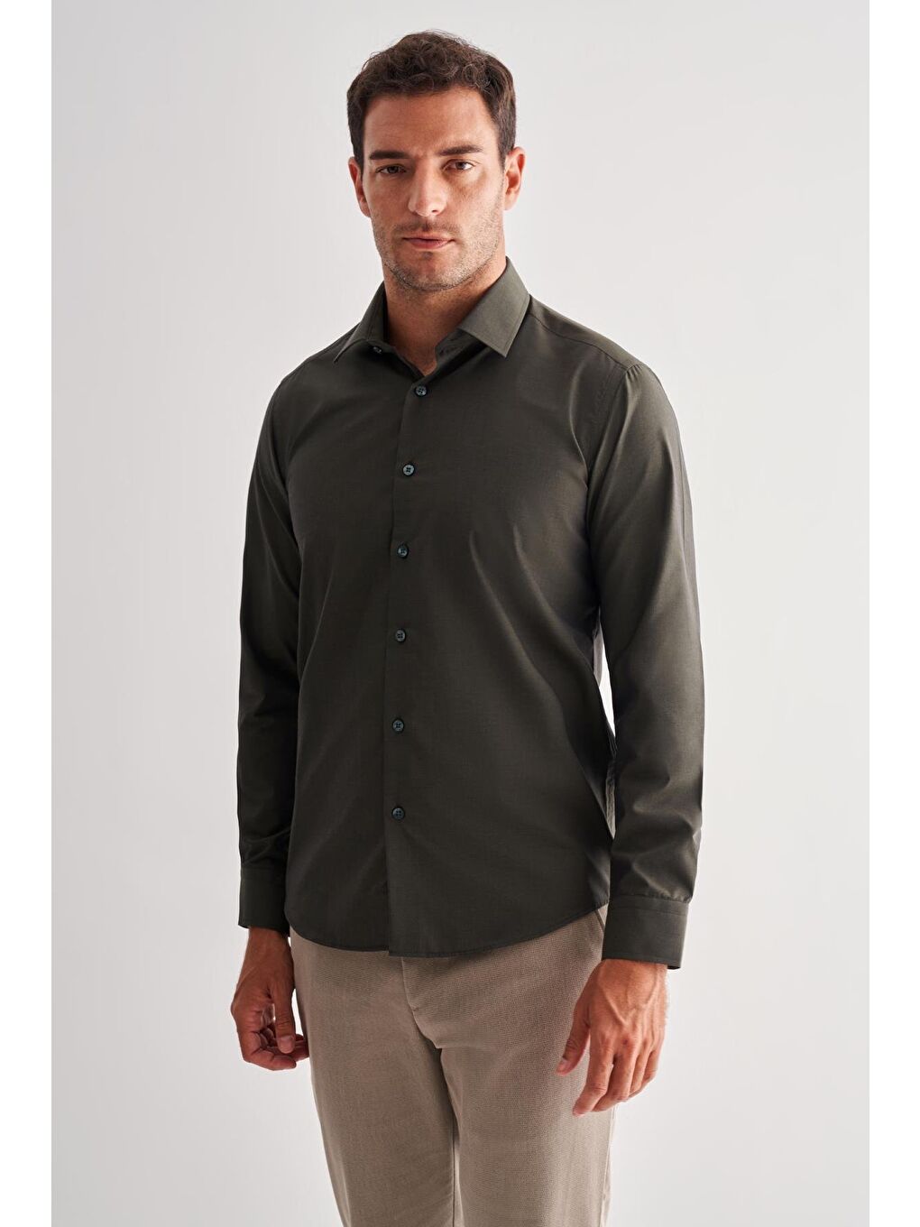 Haki Sert Yaka Filafil Desen Uzun Kol Slim Fit Pamuklu Gömlek 1004255181