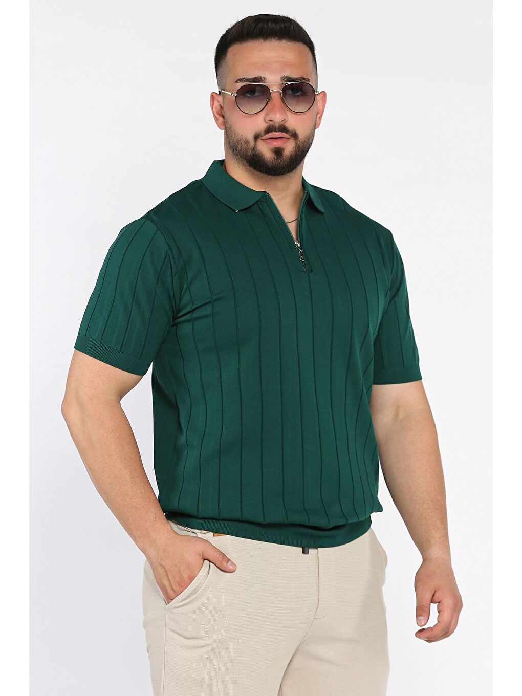 Yeşil Polo Yaka Yarım Fermuarlı Erkek Triko Tişört-1