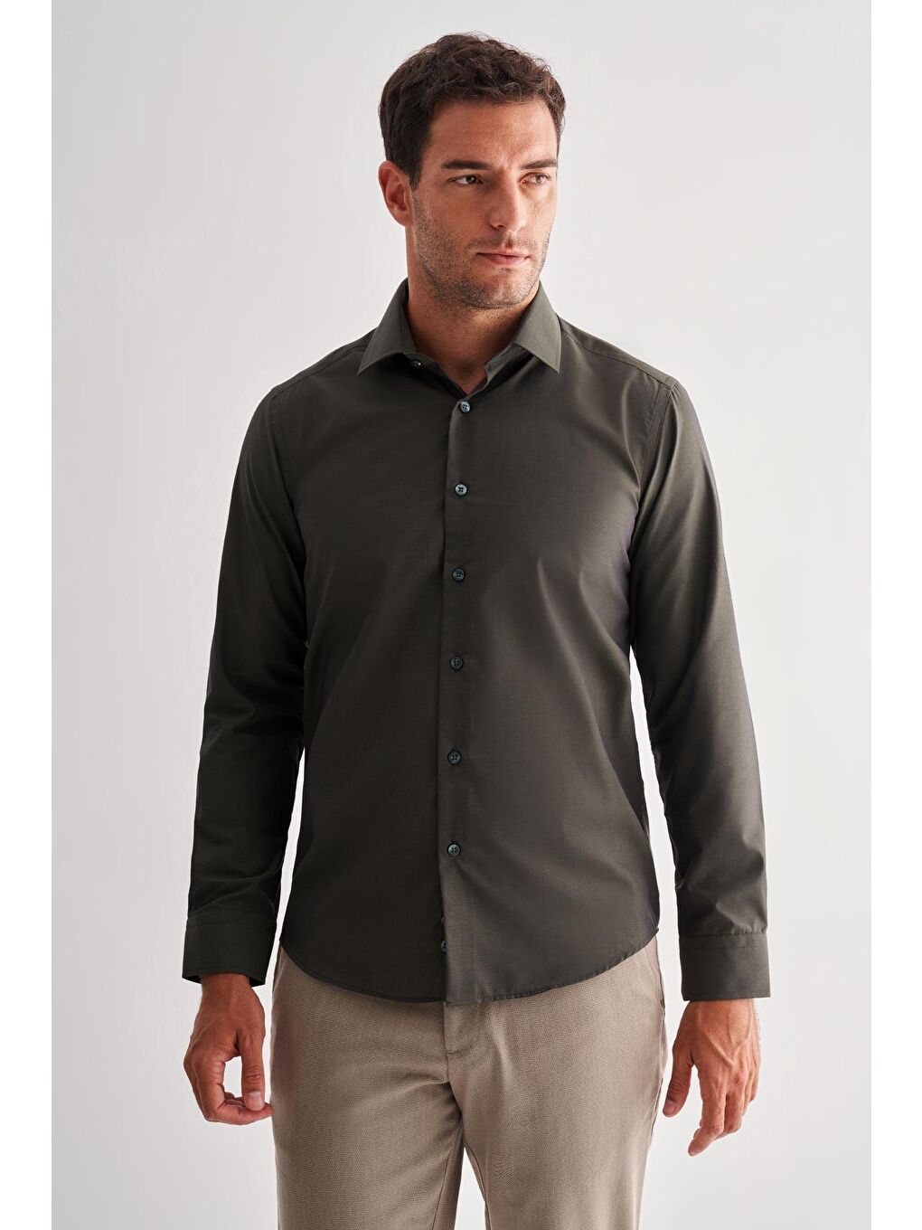 Haki Sert Yaka Filafil Desen Uzun Kol Slim Fit Pamuklu Gömlek 1004255181-2