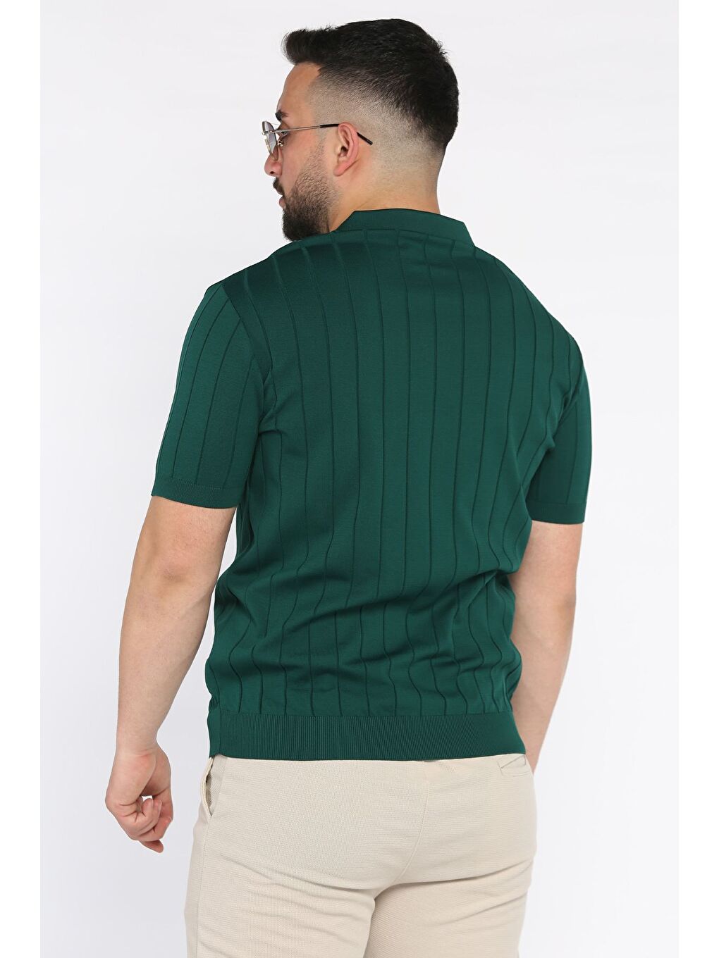 Yeşil Polo Yaka Yarım Fermuarlı Erkek Triko Tişört-2
