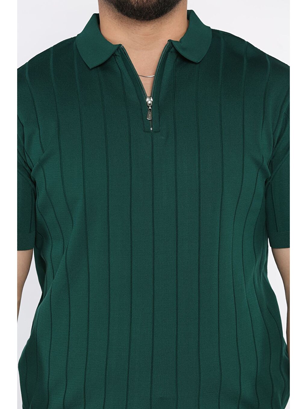 Yeşil Polo Yaka Yarım Fermuarlı Erkek Triko Tişört-3