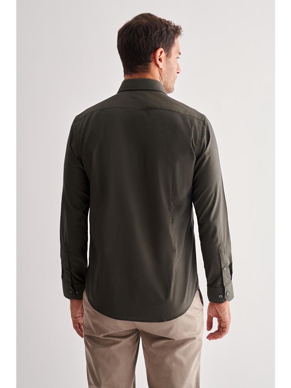 Haki Sert Yaka Filafil Desen Uzun Kol Slim Fit Pamuklu Gömlek 1004255181-4