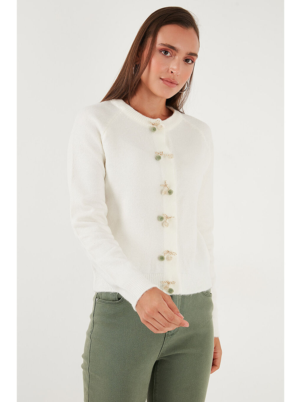 Ekru Premium Regular Fit Bisiklet Yaka Fiyonk Detaylı Hırka 6802939-5