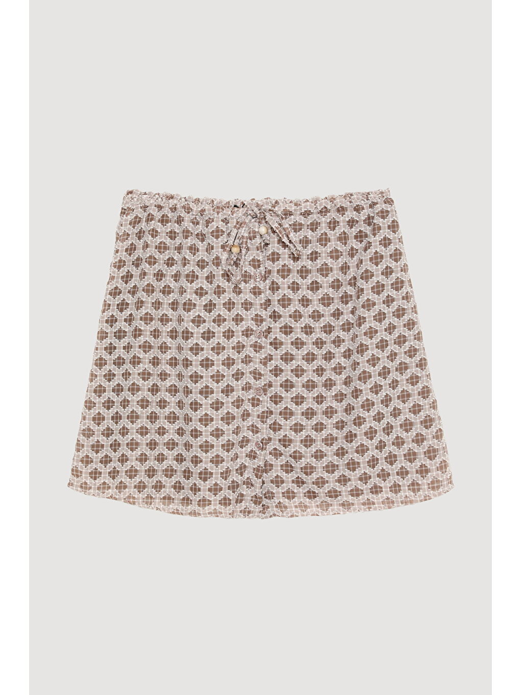 Önden Düğmeli Beli Lastikli Dokulu Mini Etek Kahverengi