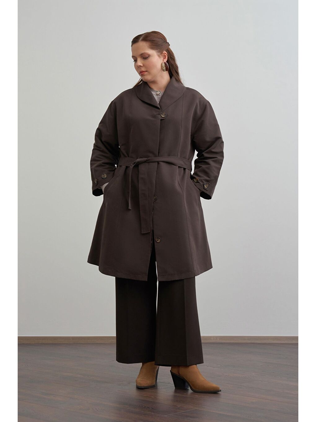 Kahverengi Acı Kahve-Şal Yaka Trençkot