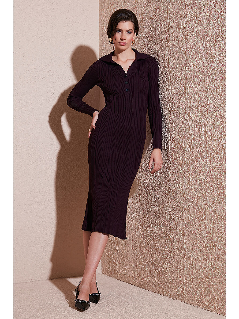 Mürdüm Premium Fitilli V Yaka Slim Fit Midi Boy Triko Elbise 680EL00282