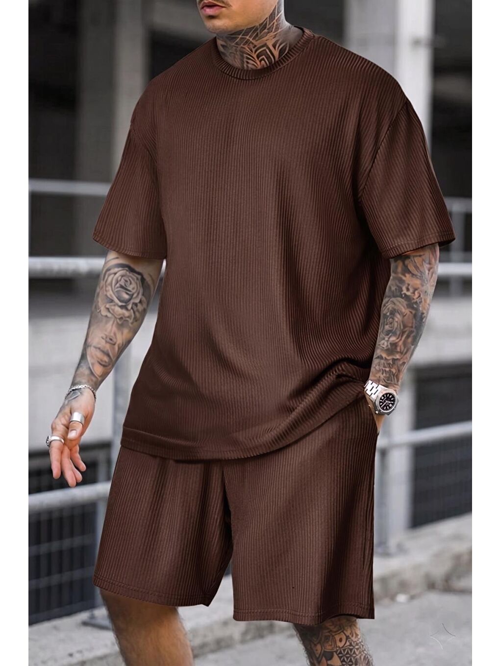 Kahverengi Ches Ottoman Oversize Erkek Şort Tişört Takım-1