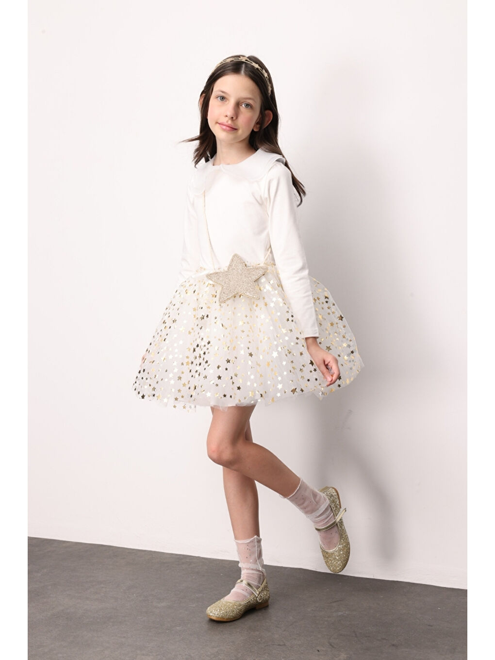 Beyaz Yıldızlı Fiyonk Detaylı Kız Çocuk Tül Etek - Aster-1