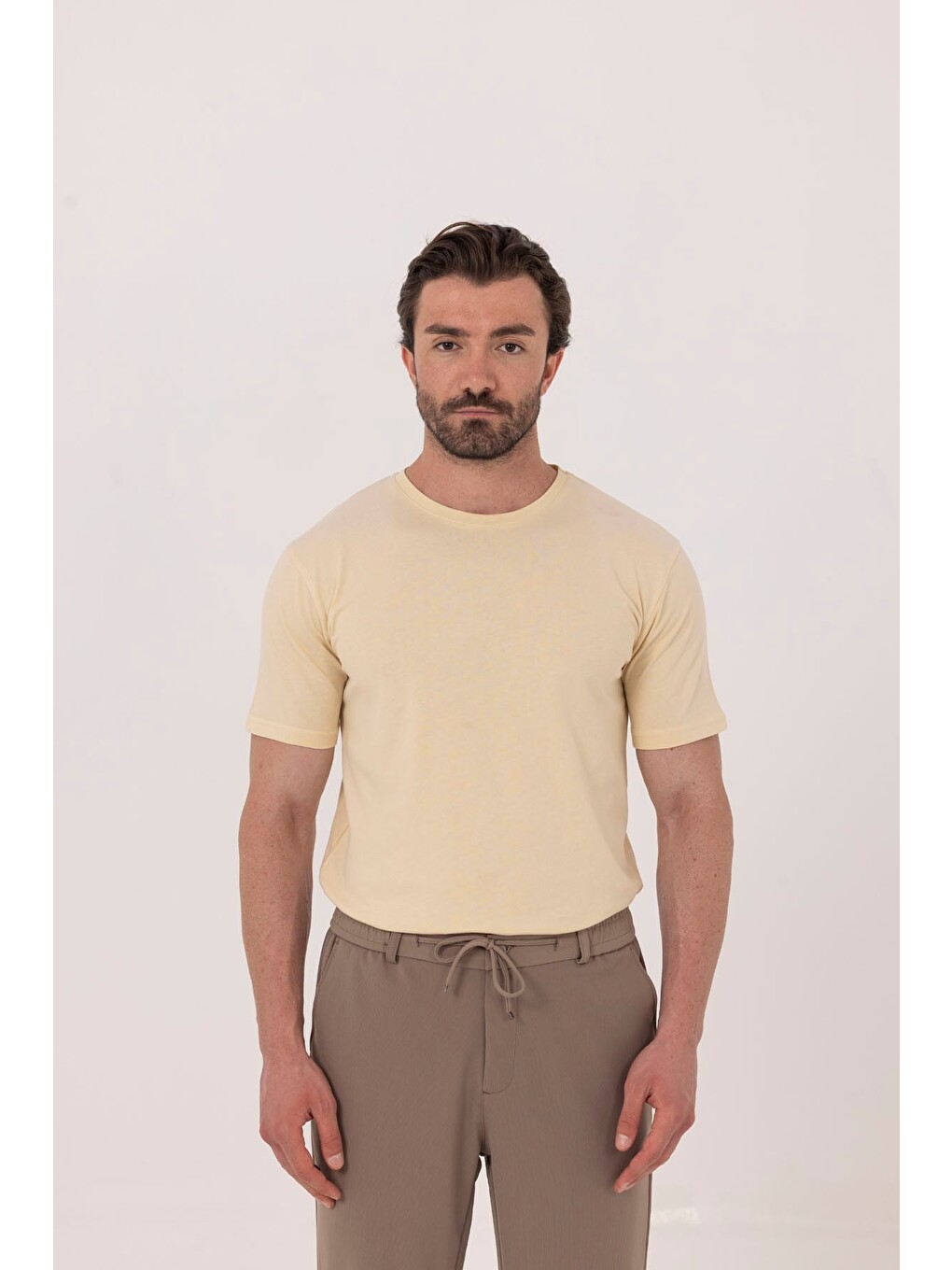 Ekru Krem %100 Pamuk Bisiklet Yaka Düz Renk Basic Tişört