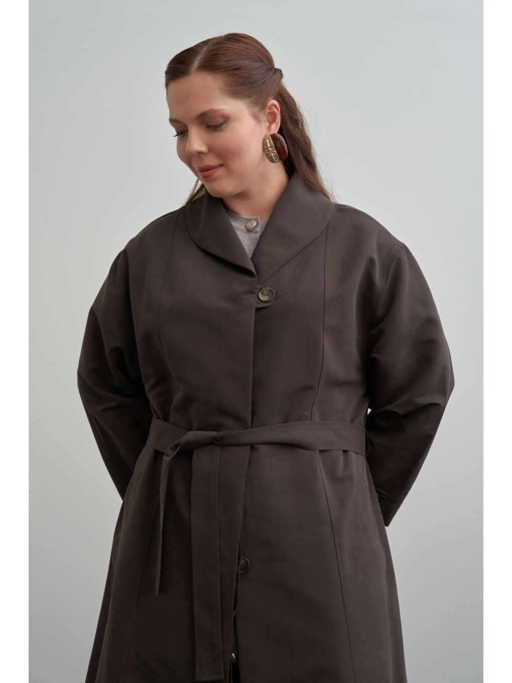 Kahverengi Acı Kahve-Şal Yaka Trençkot-4