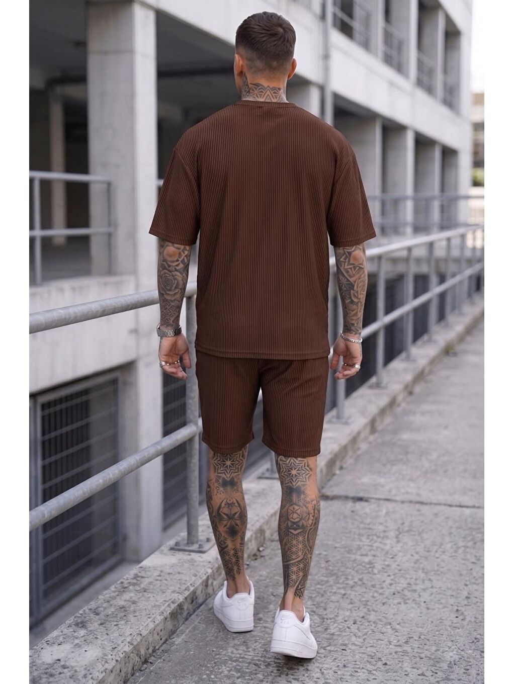 Kahverengi Ches Ottoman Oversize Erkek Şort Tişört Takım-2