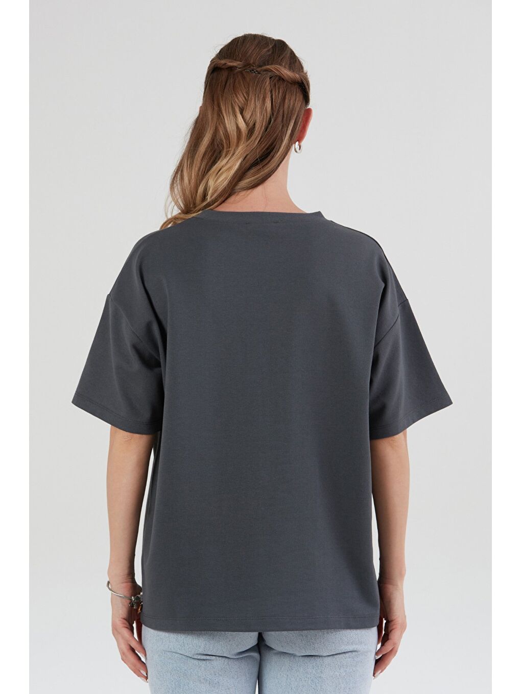 Antrasit Ayıcık Baskılı Oversize Tişört-3
