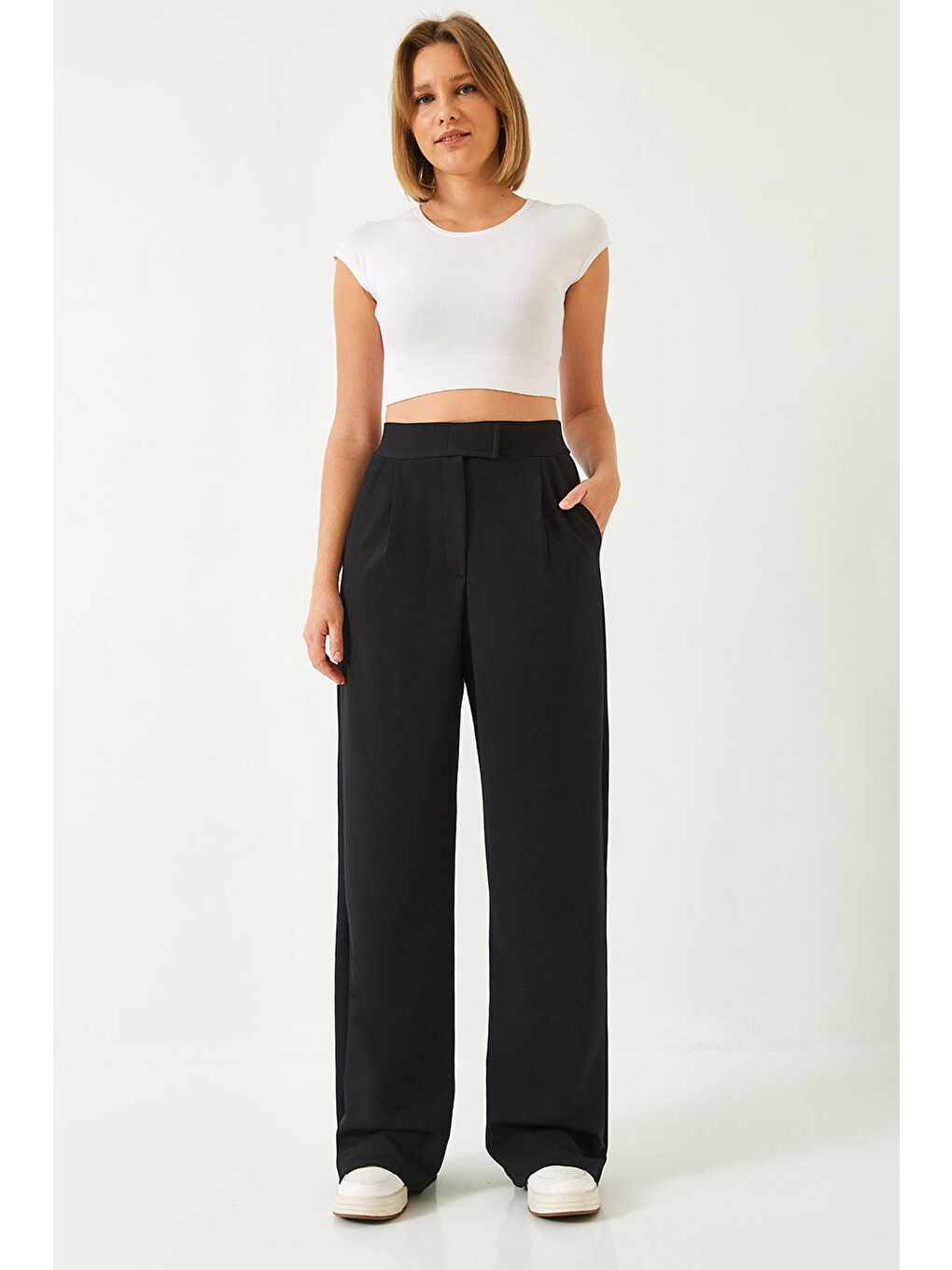 Siyah Kadın Beli Cırtlı Rahat Palazzo Pantolon