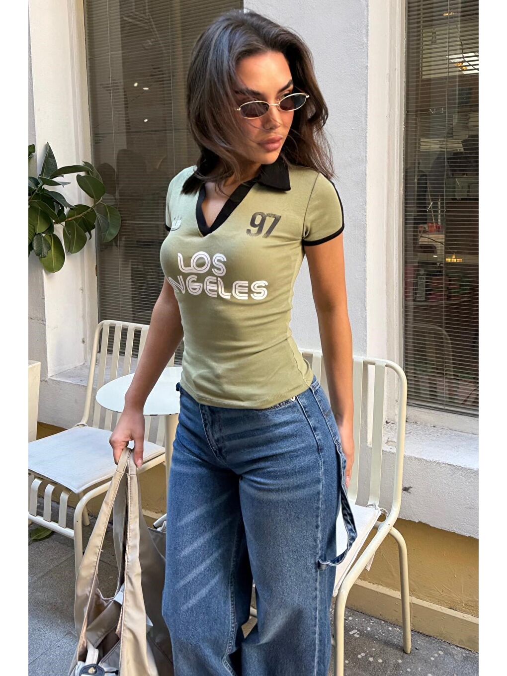 Mint Yeşili Baskılı Polo Yaka Slim Fit Kadın Tişört Mg2689-1