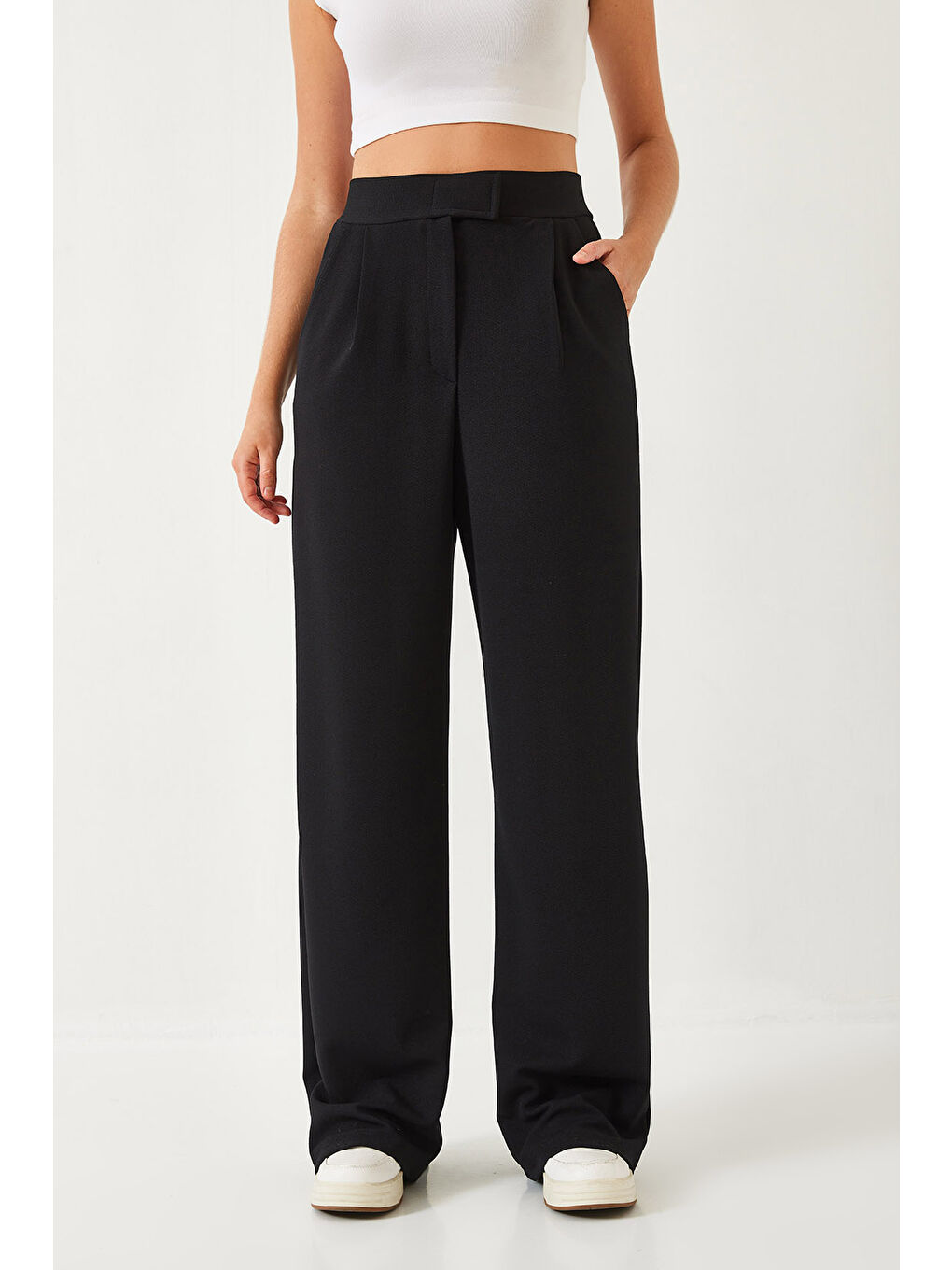 Siyah Kadın Beli Cırtlı Rahat Palazzo Pantolon-1