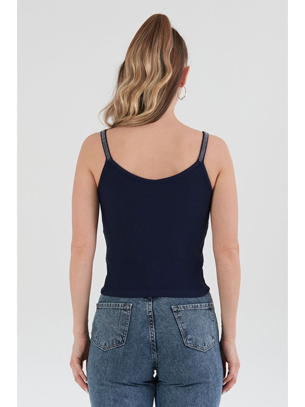 Lacivert Fitilli Askıları Taş Detaylı V Yaka Bluz-3