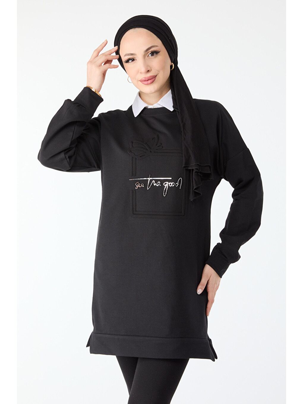 Bisiklet Yaka Kadın Siyah Baskılı Uzun Kollu Sweatshirt - 24422