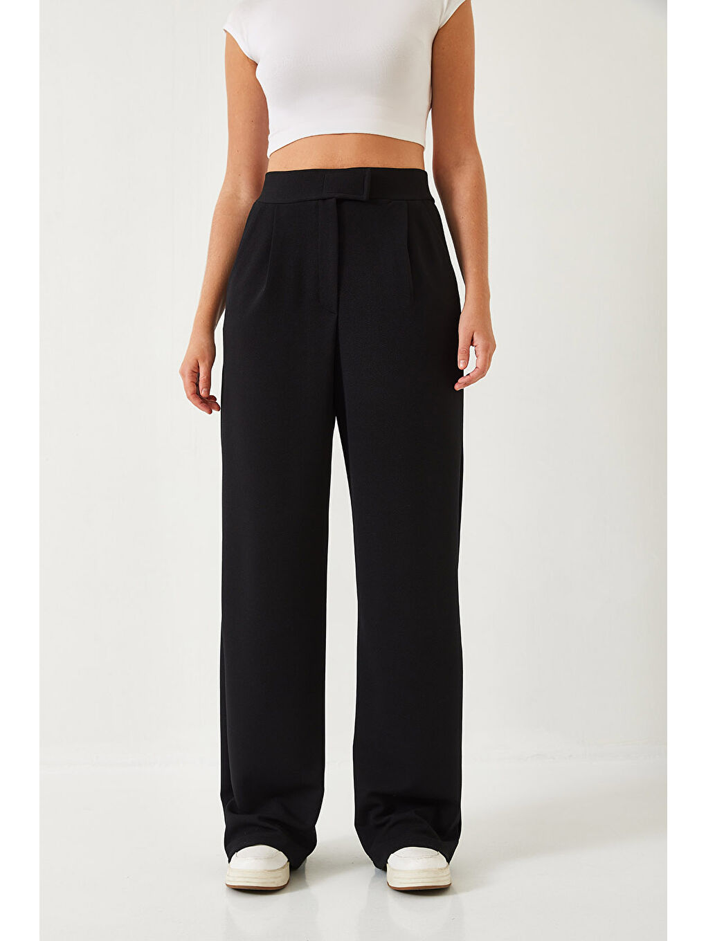 Siyah Kadın Beli Cırtlı Rahat Palazzo Pantolon-2