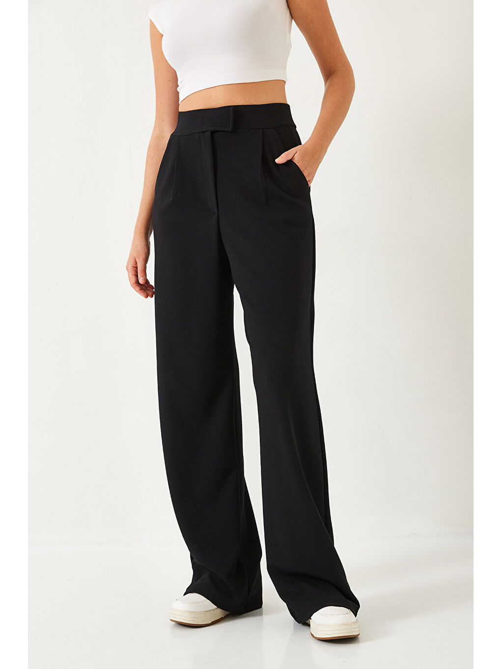 Siyah Kadın Beli Cırtlı Rahat Palazzo Pantolon-3