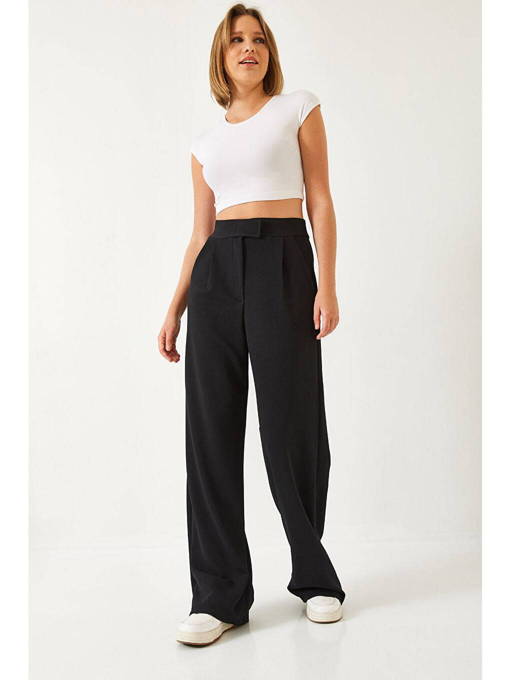 Siyah Kadın Beli Cırtlı Rahat Palazzo Pantolon-4