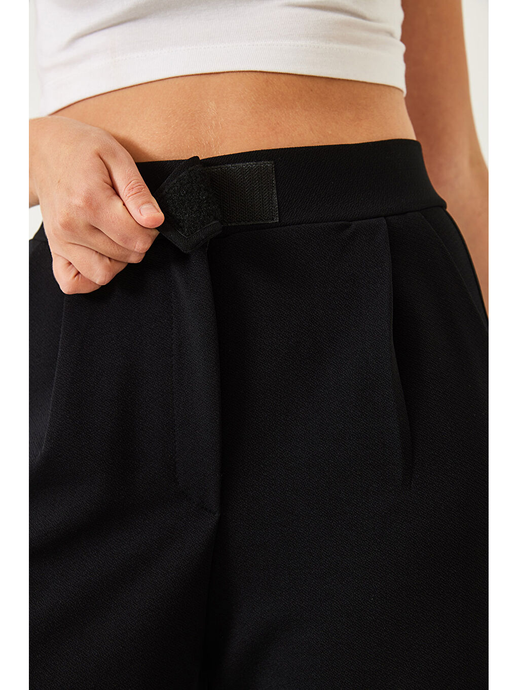 Siyah Kadın Beli Cırtlı Rahat Palazzo Pantolon-5