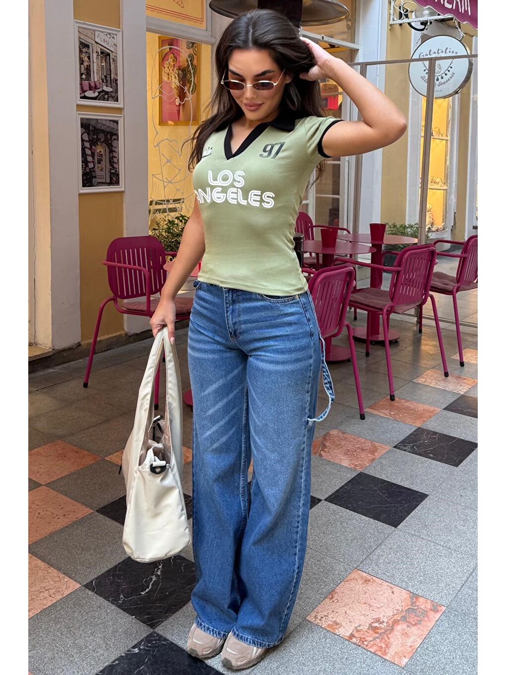 Mint Yeşili Baskılı Polo Yaka Slim Fit Kadın Tişört Mg2689-5