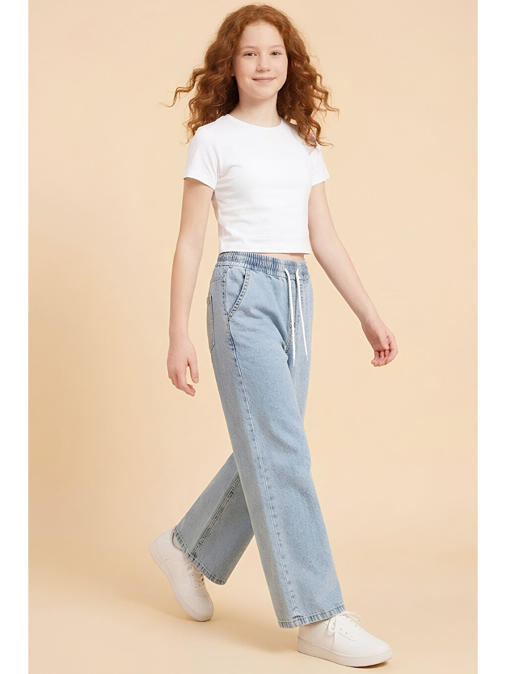 Mavi Kız Çocuk Beli Lastikli ve Kordonlu Geniş Kesim Jean Pantolon 7-15 Yaş 12679SK-1