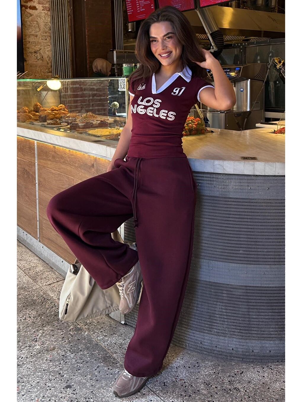 Bordo Baskılı Polo Yaka Slim Fit Kadın Tişört Mg2689-4