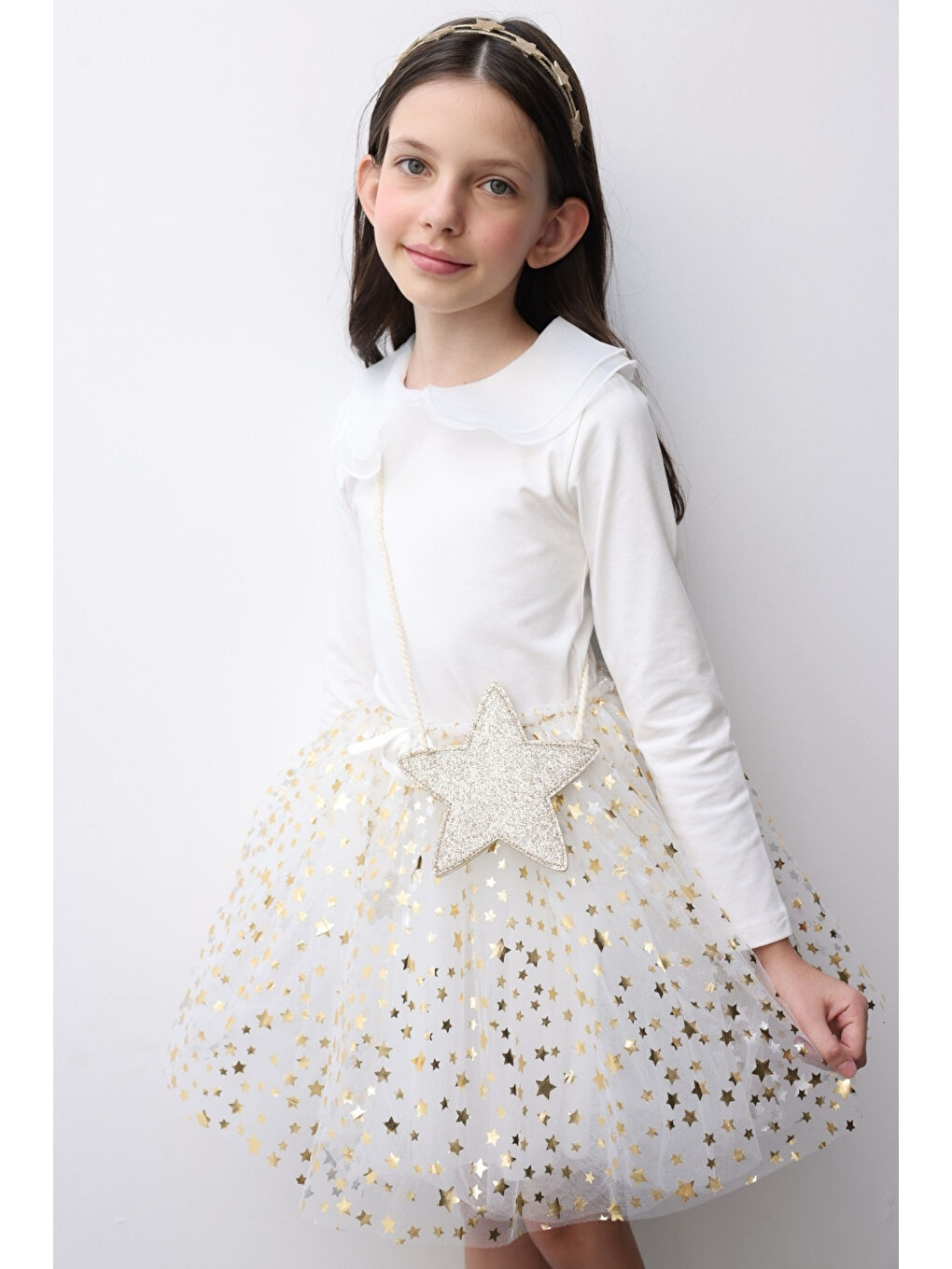 Beyaz Yıldızlı Fiyonk Detaylı Kız Çocuk Tül Etek - Aster-2