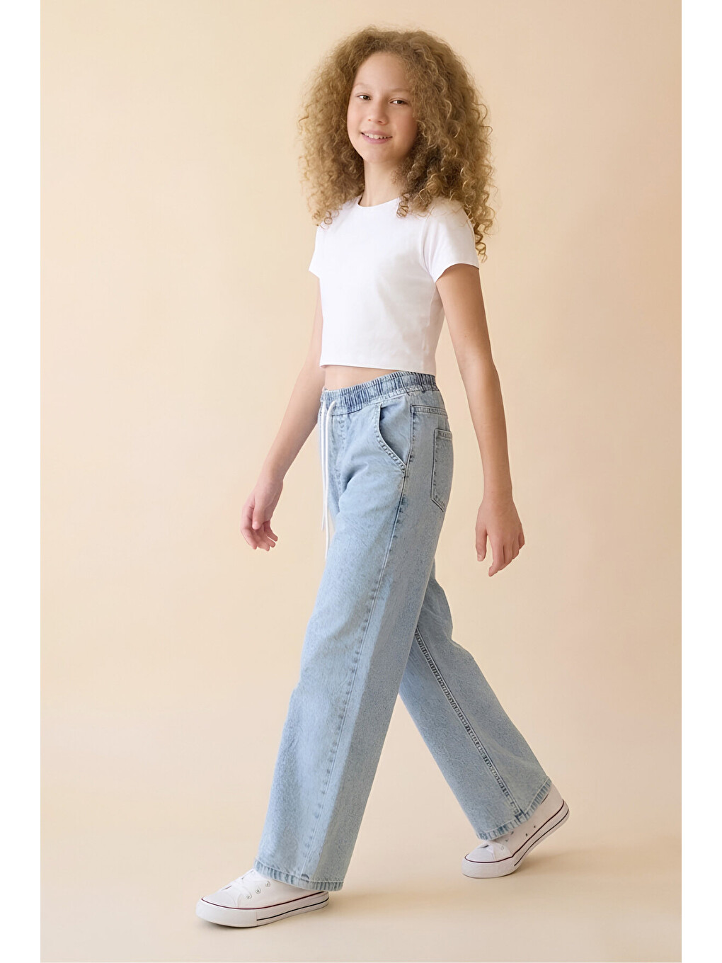 Mavi Kız Çocuk Beli Lastikli ve Kordonlu Geniş Kesim Jean Pantolon 7-15 Yaş 12679SK-2