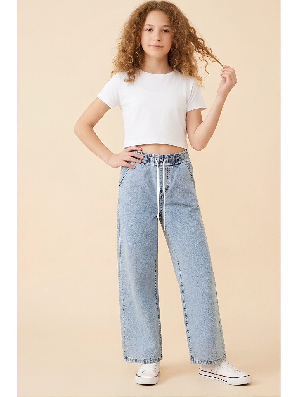 Mavi Kız Çocuk Beli Lastikli ve Kordonlu Geniş Kesim Jean Pantolon 7-15 Yaş 12679SK-3