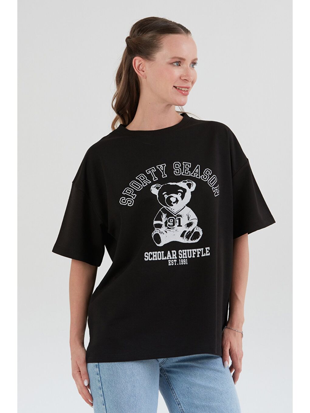 Siyah Ayıcık Baskılı Oversize Tişört-2